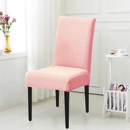 Image of House of Quirk Elastic Jacquard Chair Cover Stretch Removable Washable Short Dining Chair Cover Protector Seat Slipcover (Pack of 2, Pink)