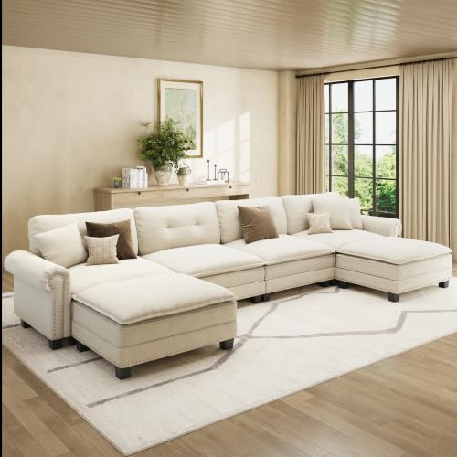 Image of HERA'S HOUSE 150 inch Oversized U Shaped Modular Sectional Couch Living Room | Mid-Century Modern 6-Seater Cloud Sofa, White, Rolled Arms & Nailhead Trim, Wider & Deeper Seats, Ottoman, Chenille