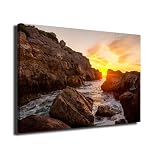 INGENIA HOME Cuadro lienzo canvas Atardecer entre rocas en la playa de la Renega en Oropesa de Mar, Castellon - Alta resolución – Varias medidas (60_x_40_cm)