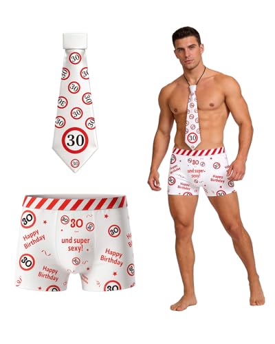 WenmthG Geschenk für 30 Geburtstag Mann - 30 Geburtstag Männer Boxershorts und Krawatte rot-weißes Design mit Verkehrsschildern und Lustige Sprüche - 30 Jahre Geschenk