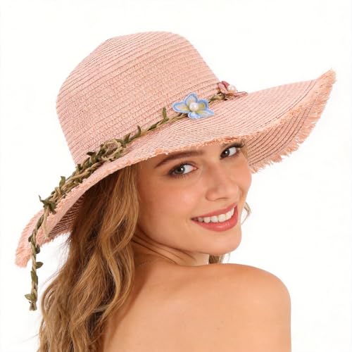 Image of LY4U Women’s Straw Hat, Ladies Sun Hats UPF 50, Summer Beach Hat for Girl, Floppy Foldable Roll Up Travel Hat Pink