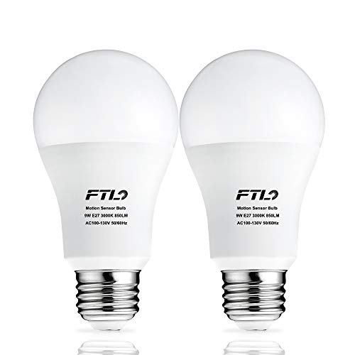 FTL Motion Sensor Light Bulbs Warm White 3000K, Outdoor/Indoor Dusk to Dawn LED Motion Detector Light Bulb, 9W=60W E26 Motion Activated Bulb for Porch, Front Door, Hallway 2-Pack