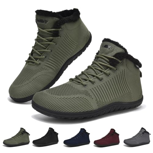 Geweo Winter Barfußschuhe Herren Damen Warm Gefüttert Winterschuhe Grün 39 | Breite Winter Barfuss Schuhe Damen Barfuß Sneaker Herbstschuhe Winterstiefel Winterboots Übergangsschuhe Stiefeletten
