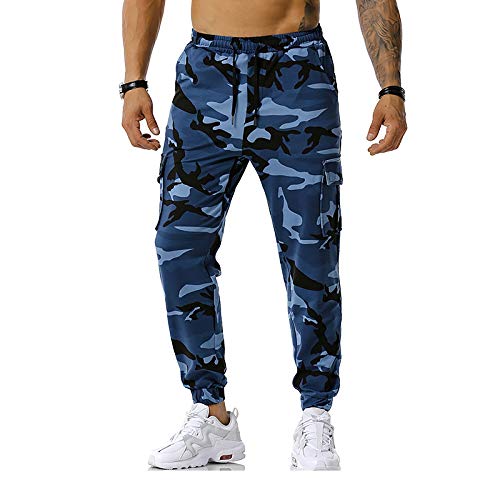 SOUGAO Mens Joggers Pants Casual Drawstring Sweatpants Camo Cargo Streetwear Blue Size S