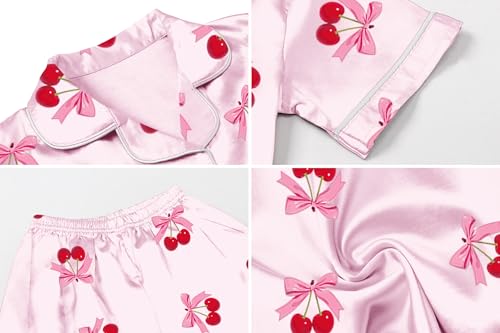 Image of Umeyda Women & Girls Pajamas Set, Soft Satin Lightweight Silk Button-Down Top with Shorts 2 Piece PJS for Mom Boys Kids Gifts