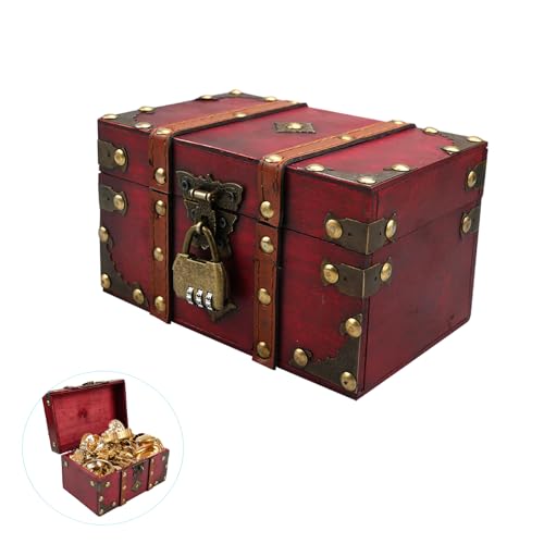 MytaYt Cofre del tesoro vintage de madera – Cofre del tesoro infantil pequeño, cofre pirata con cerradura de combinación, para decorar y almacenar, 18 x 11 x 10 cm – rojo oscuro