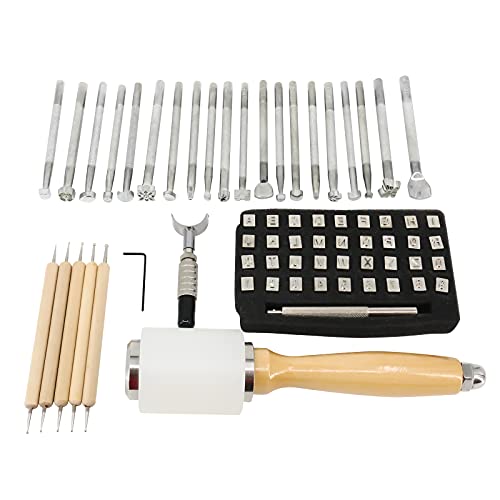 LuckyHigh 65pcs DIY Leather Stamping Tools Leather Craft Hand Tools Kit with 37pcs Letter and Number Stamp Set, 20pcs Stamping Punch Set, Carving Knife, 5pcs Tracing Pen and Hammer
