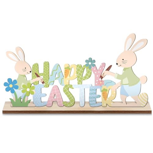 FOSDICK Decoration Paques Table en Bois, Decoration Table Paques Lapin de Printemps avec Fleurs, Deco paques Table en Bois pour Debout pour Décorations de Fête à la Maison, Jardin