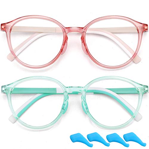 Blue Light Glasses for Kids Boys Girls Computer Gaming Glasses Blocking Blue Ray Anti Eyestrain Screen Glasses TR Flexible Fake Glasses (Age 4 to 10) 2 Pack (Light Pink+Green)
