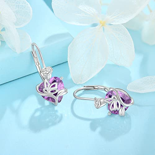 Fj Heart Rose Butterfly Birthstone Drop Earrings, Sterling Silver Heart Dangle Earrings February Amethyst Birth Stone Gemstone Dainty Jewelry, Mothers Day Graduation Birthday Christmas Anniversary Love Gifts For Women Girls Her #TOP3