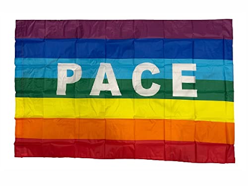 1 bandiera con asola della pace 90x150 cm senza asta con fasce colorate con scritta bianca pace al centro con SCHEDA della pace omaggio