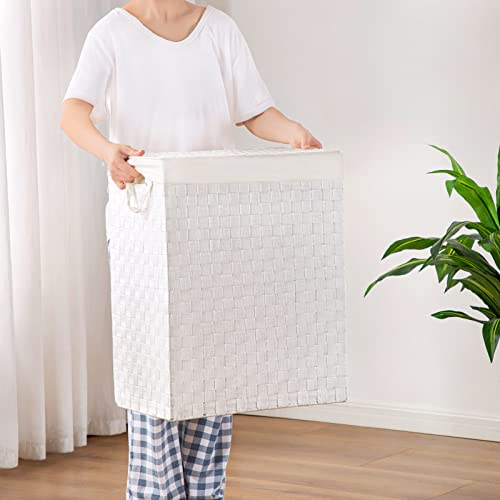 Fiona's Magic Laundry Hamper Basket With Lid, Handwoven 90L Large Clothes Hamper With Removable Liner Bags, Collapsible White Tall Hamper For Bathroom, Bedroom And Dorm Room Organizer #TOP3
