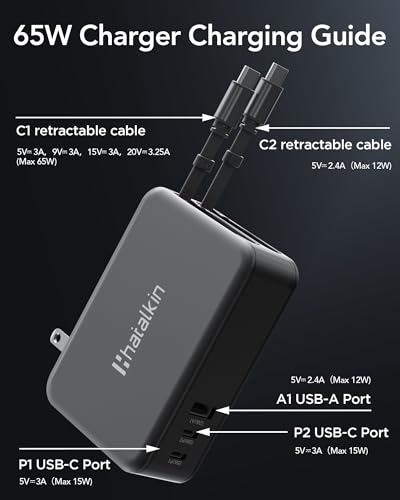 Image of 65W for MacBook Pro Charger,5-in-1 Retractable Wall Charger Plug for iPhone | Retractable Wall Charger for iPhone,Dual 3.94 ft PD USB C Cable&3 Ports,Fast Charging Block for Mac Book,iPad,Galaxy,Pixel