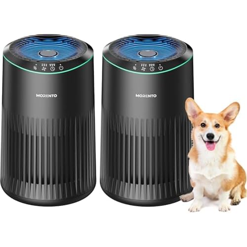 MERONTE Air Purifiers for Bedroom Home with Sleep Mode for Smoke Pet Dander Odors, Small Air Purifier with Fragrance Sponge, Blue Ambient Light, 23dB Quiet, MR2566, 1 Type 2 Pack Black