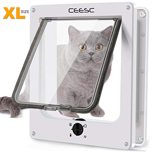 CEESC Aleta grande para gatos (tamaño exterior 29,5 x 24,5 cm), puerta giratoria para mascotas con bloqueo de 4 vías para gatos y perritos con circunferencia <63 cm, versión mejorada