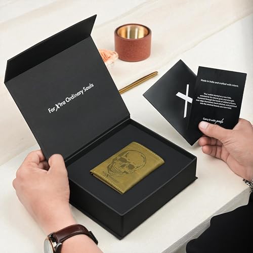 Image of The X Project Genuine Leather Wallet for Men | RFID Blocking Slim Bifold Wallet | Quick Card Eject Mechanism | Coin Pocket & ID Window | Premium Gift Box | Bold Skull Design (Green)