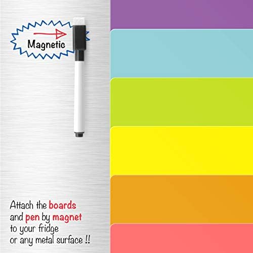 CKB LTD Pack of 6 Coloured Squares Magnetic Whiteboards that stick to your fridge Dry Wipe Planner Magnet Signage Sheet With Marker & Pen Colourful Kitchen Notice Large Daily Menu Shopping To Do List