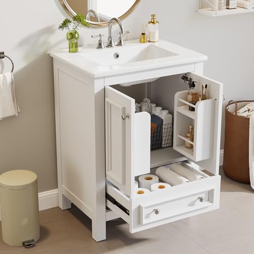 Image of Tribesigns 24 inch Modern Bathroom Vanity with Sink, Freestanding Bathroom Vanities Cabinet with Ceramic Basin Combo, Bathroom Sink Cabinet with 2 Doors and 1 Drawer, Solid Wooden Frame, White