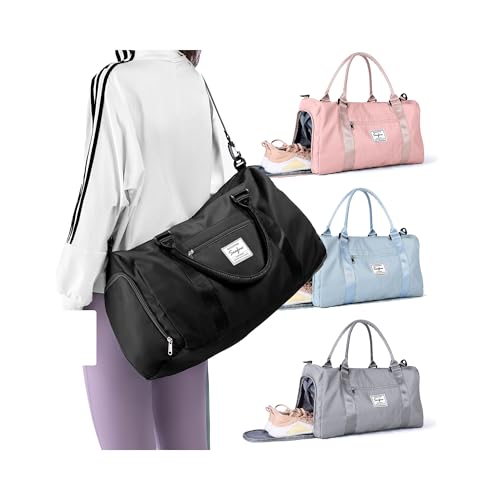 Small Black Sports Gym Duffel Bags for Women Men, Travel Totes Bag Cute Weekender bag with Wet Pocket and Shoe Compartment for Carry On, Gym, Dance, Overnight, Sport Pickleball, Tennis, Racketball