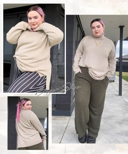 Image of CARCOS Plus Size Sweaters for Women Solid Turtleneck Sweater Long Sleeve Pullover Tops Casual Split Hem Knit Shirts