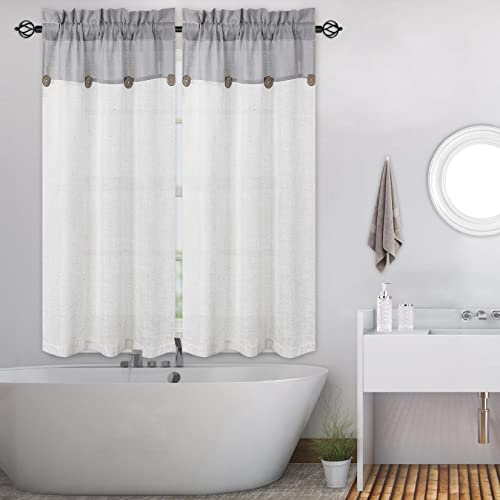 Homerry Button Cafe Curtains 45 Inches Long Grey And White Stripe Color Block Basement Linen Blend Boho Kitchen Window Curtain Panels Home Decor Rod Pocket Window Treatment Drapes, Grey, Set Of 2 #TOP6