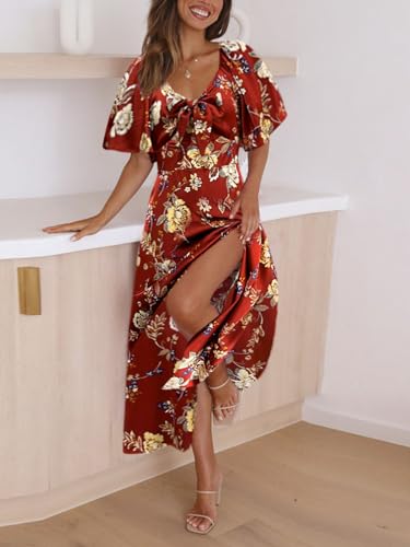 Image of Fashionme Womens Dresses 2026 Maxi Dresses Deep V Neck Elegant Bow Tie Front Cap Sleeve Summer Floral Satin Smocked Dress