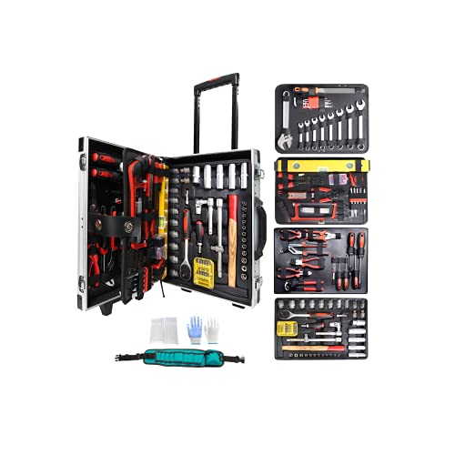 Tool Set, Home Tool Kit, 2021 Upgrade 4-Layer Household Hand Tool Set, Full tool setsï¼ŒHouse DIY Repair Kit Set, Aluminum Trolley Case, Auto Repair Tool Set for Men