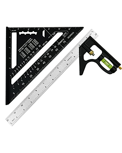 ROFMAPLE Carpenter Square and Combination Square Tool, 7 inch Aluminum Alloy Rafter Square and 12 inch Combination Square Ruler Comb for Craftsman Woodworking