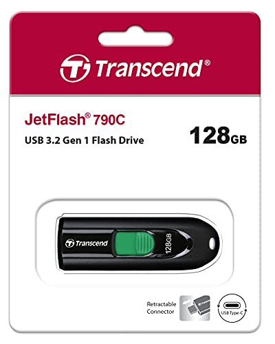 Image of Transcend JetFlash 790C 128GB USB 3.2 Gen 1 (USB 5Gbps) Flash Drive, USB Type-C Pen Drive, 5-Year Limited Warranty, Black (TS128GJF790C)