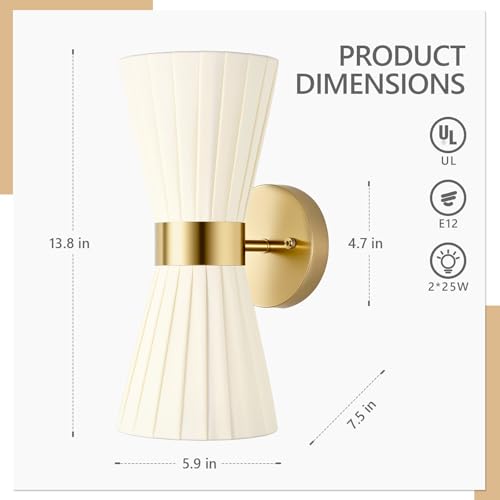 Image of Gold Wall Sconces Set of 2, Ivory Pleated Fabric Shade | Hardwired, Wall Light Fixtures, Up Down Wall Mount for Living Room Bedside