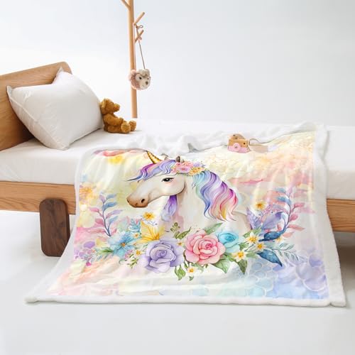 Plaid Cama Rosa Amarilla Unicornio Colcha Plaid Sofa Verano Diseño de Doble Cara Cubre Colcha Multiusos para Sofas Suave Manta Termica Lana de Cordero de Franela Blanket Espesar Durable 150x150cm