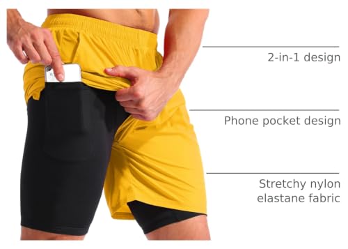 Image of Pudolla Men's 2 in 1 Running Shorts 5 inch Quick Dry Gym Athletic Workout Shorts for Men with Phone Pockets