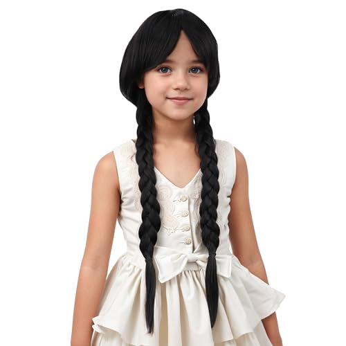 Black Long Straight Wig with 2 Pigtails with Bangs Cosplay Wigs Synthetic Wigs with Wig Cap