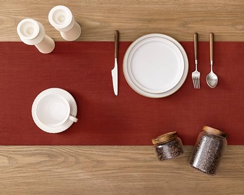 Image of ZeeMart Linen Textured Border Table Runner, 14 x 36 Inch Orange, Farmhouse Style Burnt Orange Fall Table Runners 36 Inches Long, Easy Care Everyday Polyester Table Runner