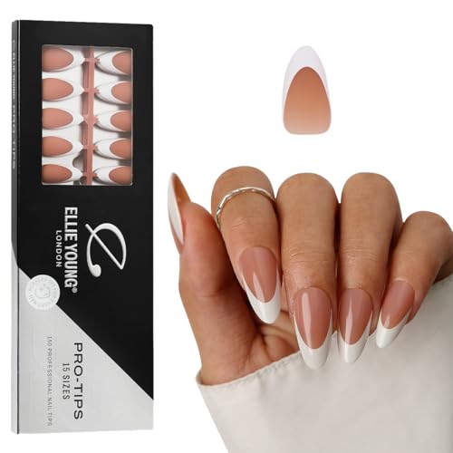 Ellie Young French Kit - 150 unghie a pressione, 15 misure, in gel acrilico, per nail art e smalto fai da te (solo unghie), rosa, marrone, mandorla media (solo unghie)