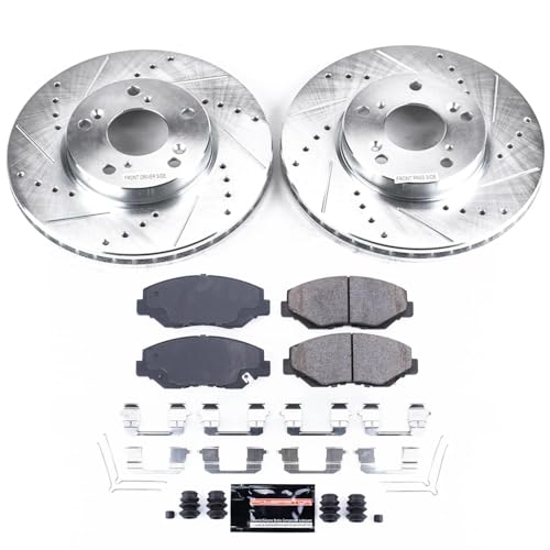 PowerStop Front Brake Kit For 2014 2015 Acura ILX, 2003-2012 Honda Accord, 2013-2021 Civic, 2016 CR-Z, 2003-2011 Element - Drilled and Slotted Disc Rotors with Ceramic Brake Pads Replacement, K1043