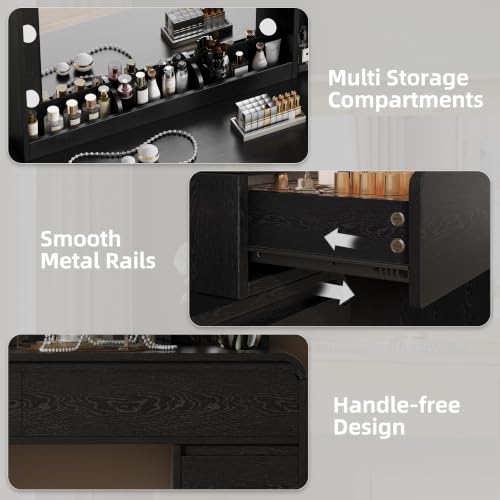 Image of 60.2 inch Makeup Vanity Desk with Charging Station, Black Makeup Dressing Table with Mirror & Lights, 3 Lighting Modes Adjustable Brightness, Vanity Table with Power Outlet and 6 Drawers