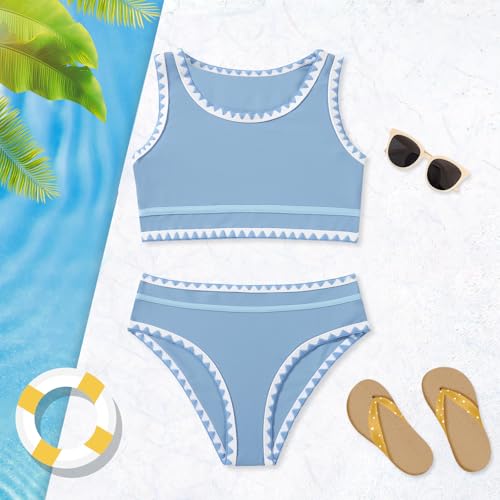 Image of Girls Bathing Suit Toddler Swimsuits 2 Piece Bikini Sets Round Neck Colorful Lace Teen Girls Swimwear 3-14T