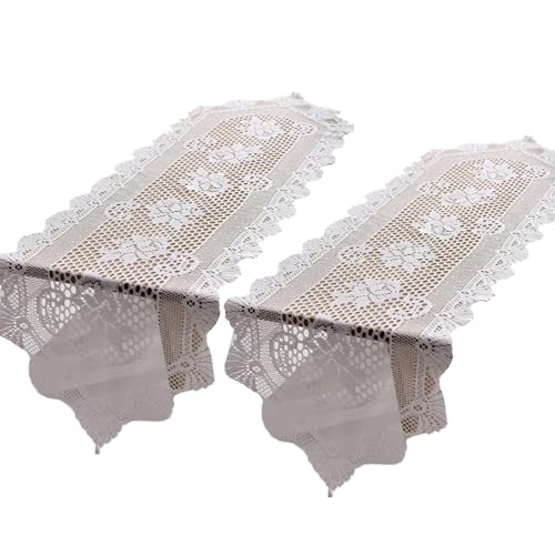 Bwuikim 2 aparadores de mesa de algodón con encaje floral, caminos de ganchillo blancos para ambientes, fiesta de cumpleaños, vajilla