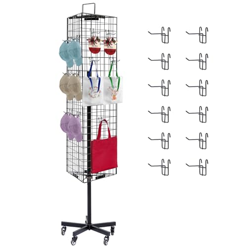 NectaCol Triangular Gridwall Panel Display Stand with Base and Pole, Black Grid Wall Panels with Wheels, Craft Gridwall Display Rack, Art Display Stand, Show Rack, Extra 12pcs Hooks