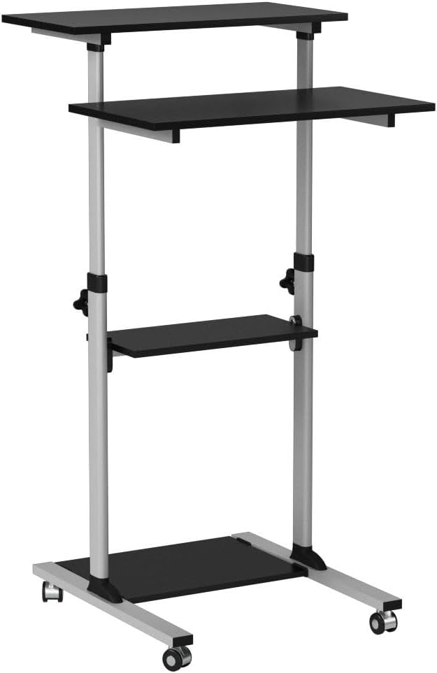 Mount-It! Rolling Desk Adjustable Height up to 54.7", Portable Standing Desk for Laptop or Podium Stand with Wheels, Mobile Roller Presentation Cart, Computer Work Station 27.5" Wide, Locking Wheels