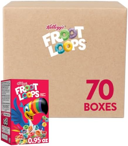 Froot Loops Kellogg’s , Breakfast Cereal, Original, Good Source of Fiber, Single Serve, 0.95 oz Box(Pack of 70)