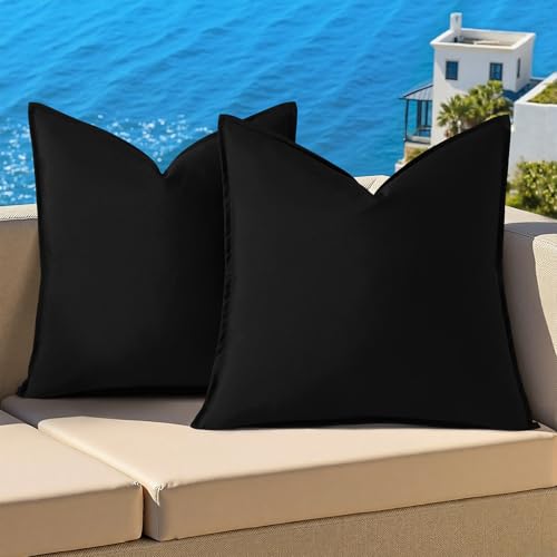 decorUhome Waterproof Linen Outdoor Throw Pillow Covers 18x18 Inch Set of 2 Decorative Farmhouse Solid Pillow Cases with Flange Edges for Summer Couch Sofa Garden Patio Balcony Tent Porch Black