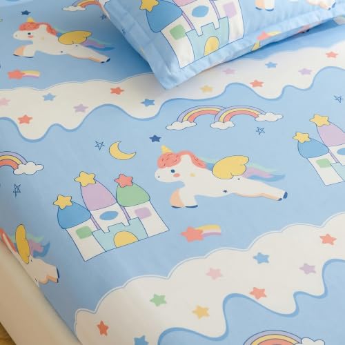 Image of Filymore Unicorn Double Bedsheet for Kids Bed, Queen Size 90x90 Inches, Soft Microfiber Cartoon Bedsheet for Girls & Boys, 240 TC Kids Bed Sheet with Cute Unicorn Print for Bedroom Decor, Blue