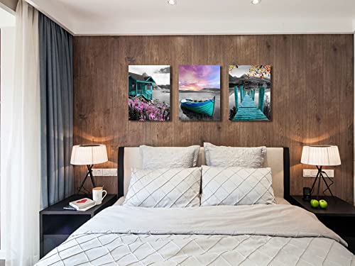 Ardemy Teal Wall Art Landscape Lake House Canvas Painting Cabin Purple Sailboat Pictures, Summer Cottage Farmhouse Artwork Framed For Bathroom Living Room Bedroom Kitchen Wall Decor 16"X20"X3 Panels #TOP2