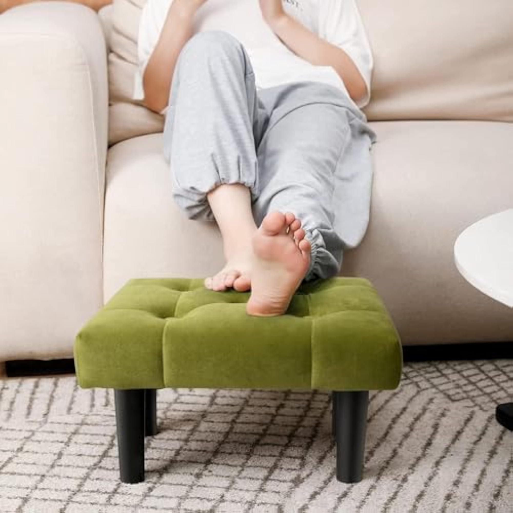 Green Wooden Footrest Stool with Cushion & Pouffe Combo