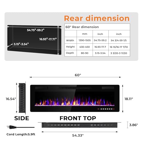 Image of Antarctic Star 60 Inch Electric Fireplace in-Wall Recessed and Wall Mounted, Fireplace Heater and Linear Fireplace with Multicolor Flame, Timer, 750 /1500W Control by Touch Panel & Remote