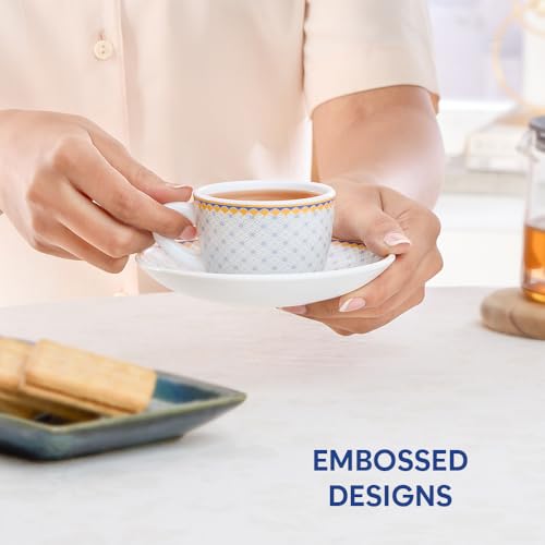 Image of Larah by BOROSIL Premia Series Kosmia 12pc Opalware Tea /Coffee Cup & Saucer Set (140ml Each) | Embossed Design, Microwave & Dishwasher Safe | Crockery Set Ideal for Daily Use & Gifting, White
