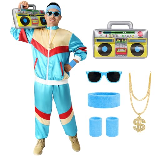 Aomig Disfarces anos 80 para homem, mulher, disfarce de fato de treino de anos 80 com colar de dólares e insufláveis rádio, fato de treino retro para Rockstar carnaval Halloween cosplay festas