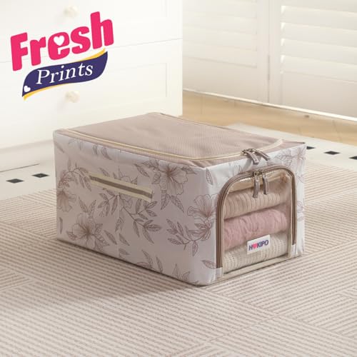 Image of HOKIPO Folding Storage Box and Organiser for Clothes, 600D Oxford Fabric Storage Box, Latte Floral - Medium Pack of 2 (AR-6488-LBR*2)